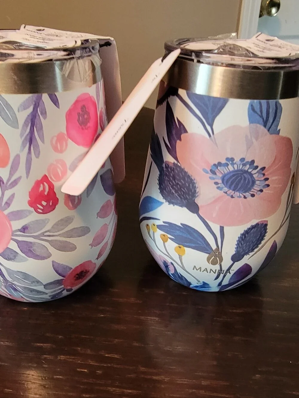 Two Manna Floral Stemless Wine Tumblers in Pink & Purple NWT